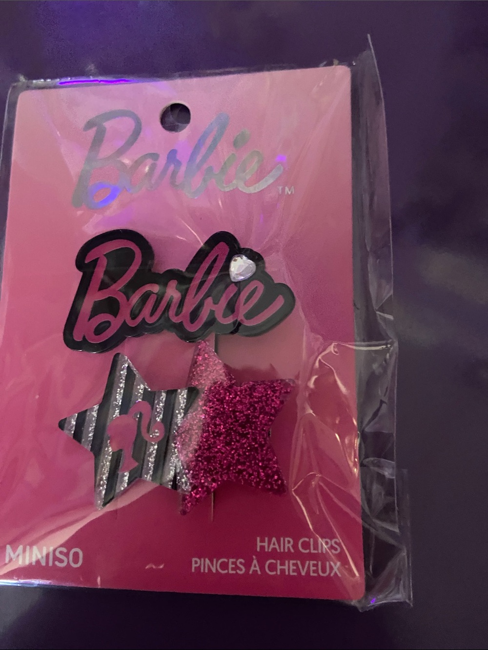 Barbie Pink and Black Glitter Star Hair Clips